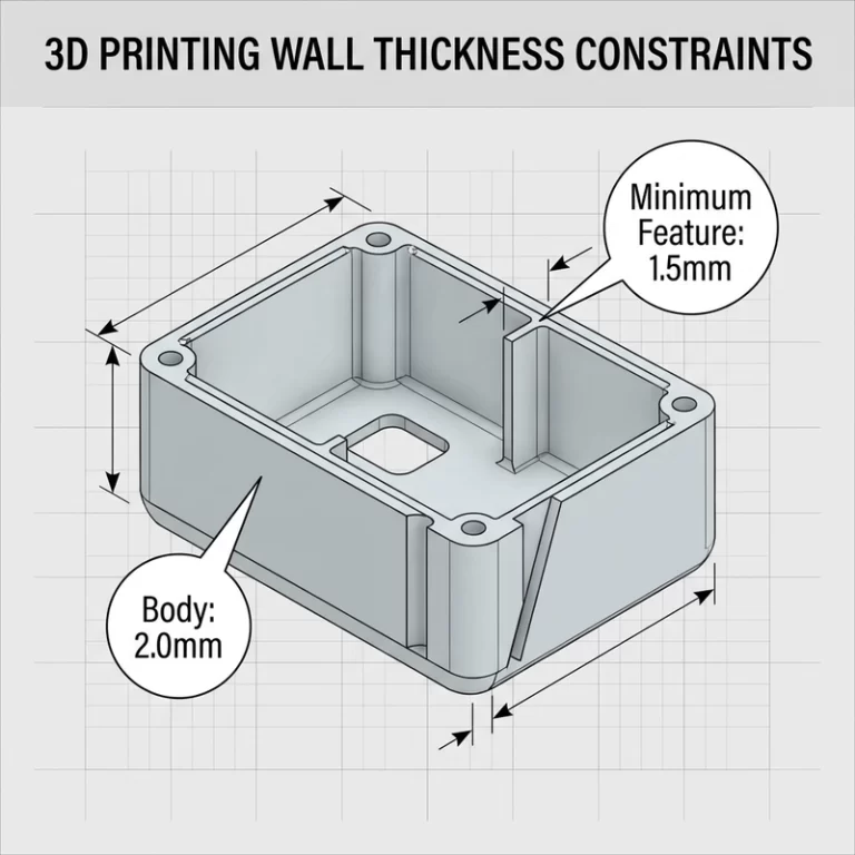 3D printing design guidelines wall thickness diagram showing 2.0mm minimum for part body and 1.5mm for thin features