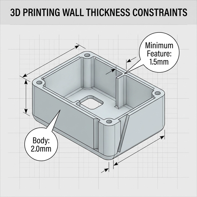 3D printing design guidelines wall thickness diagram showing 2.0mm minimum for part body and 1.5mm for thin features