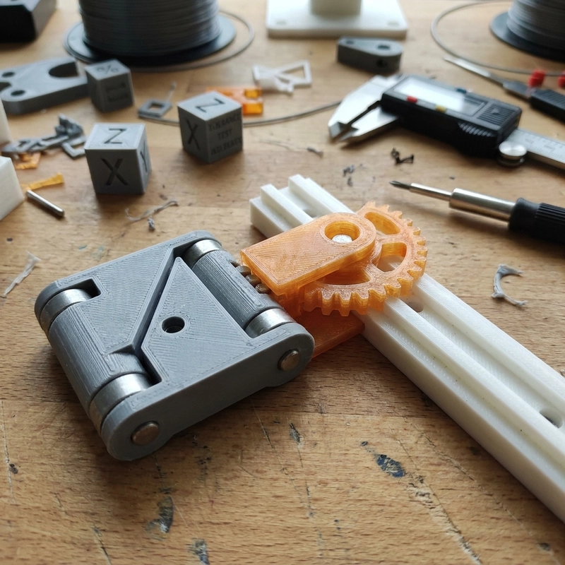 3D printed moving joints with hinge gear and clearance examples
