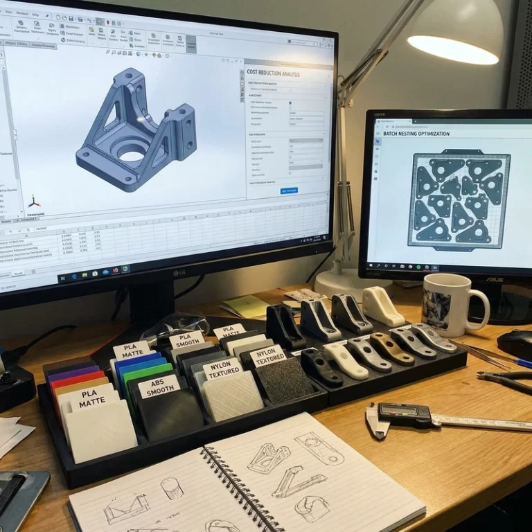 3D printing cost reduction through design material batch nesting and finishing choices