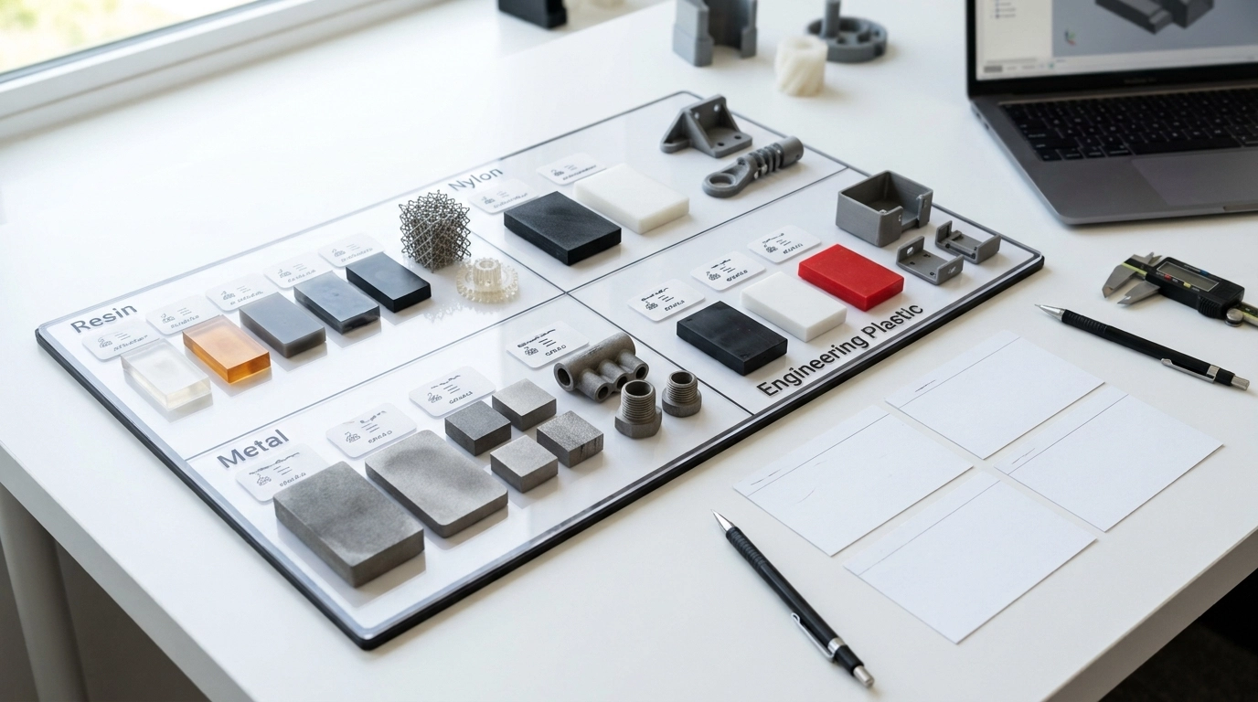 choose materials for custom 3D printed products with resin nylon metal and plastic samples
