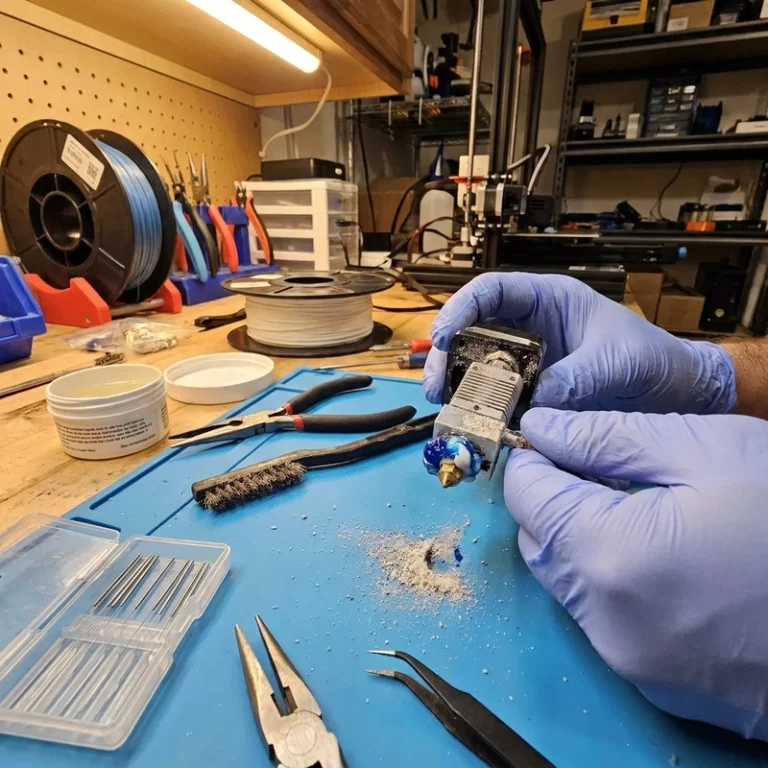FDM nozzle clogging cleaning process with filament and hotend maintenance