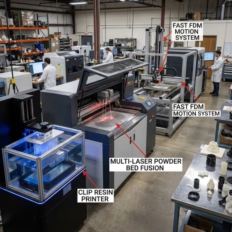 high-speed additive manufacturing process comparison with resin powder bed and FDM motion systems