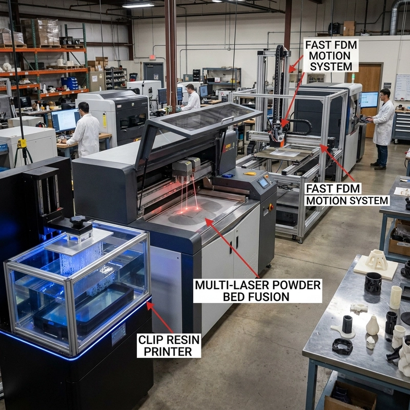 high-speed additive manufacturing process comparison with resin powder bed and FDM motion systems