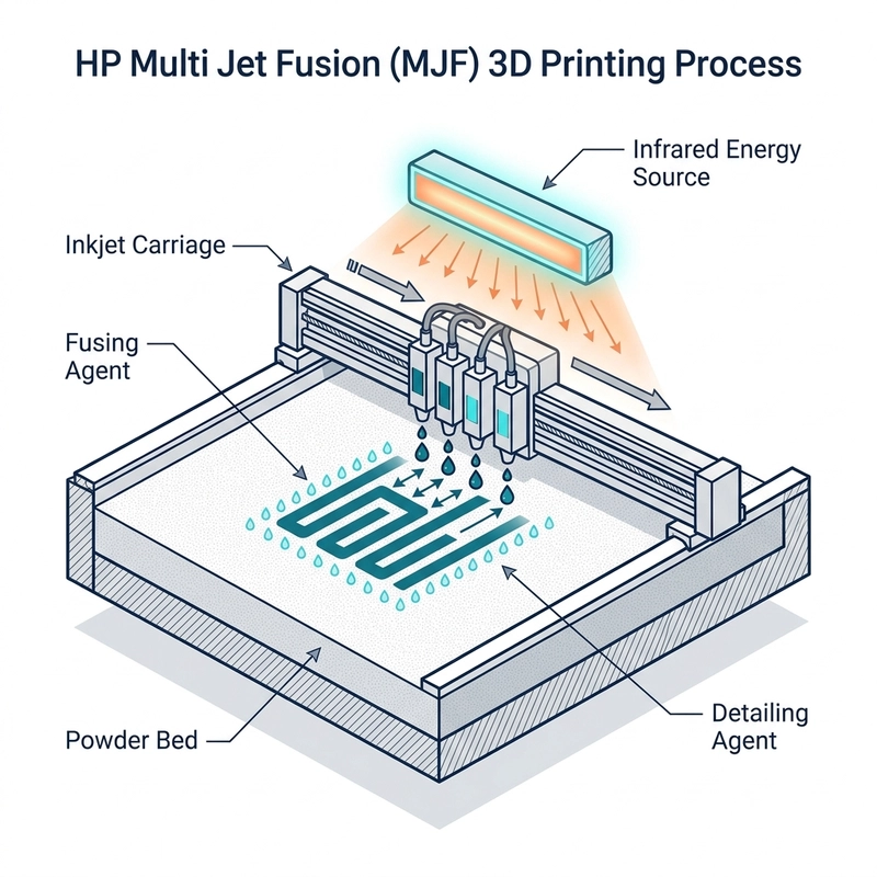 HP Multi Jet Fusion process diagram showing fusing agent and detailing agent deposition across powder bed