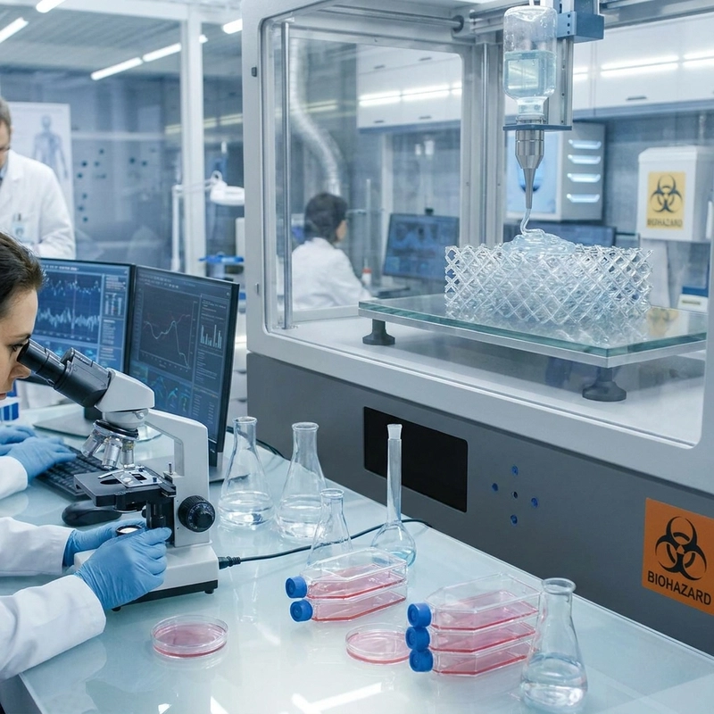 medical bioprinting 3D printing research with bioink extrusion and cell viability testing