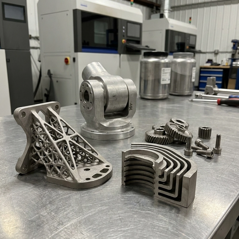 Metal 3D printing industrial applications including aerospace bracket tooling insert and robot part