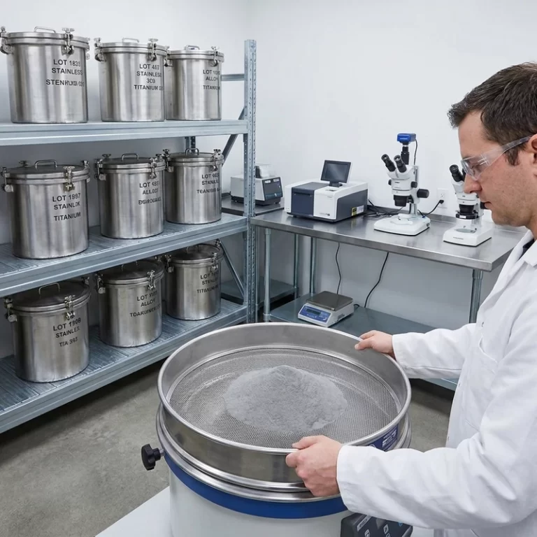 Metal 3D printing powder quality control with particle screening and storage