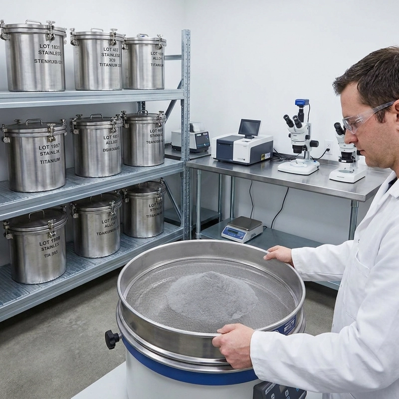 Metal 3D printing powder quality control with particle screening and storage