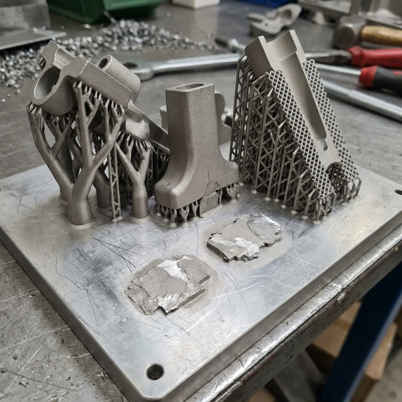 metal 3D printing support design showing tree lattice and breakaway supports under an SLM part