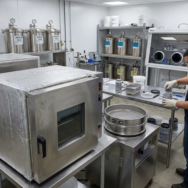 Metal powder preprocessing for 3D printing with drying sieving and sealed storage