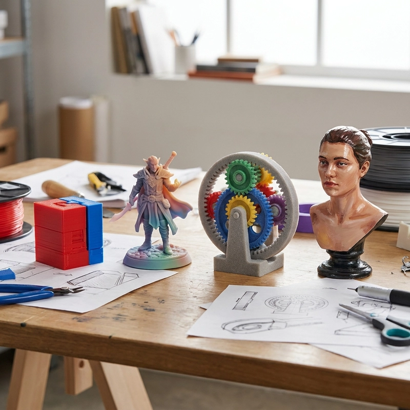 multi-color 3D printing comparison showing dual-color FDM WJP resin and full-color nylon samples