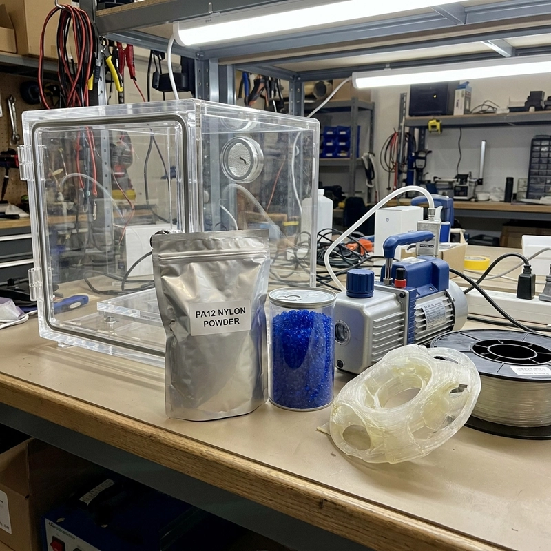 nylon 3D printing moisture control with dried PA powder sealed storage and failed wet nylon print
