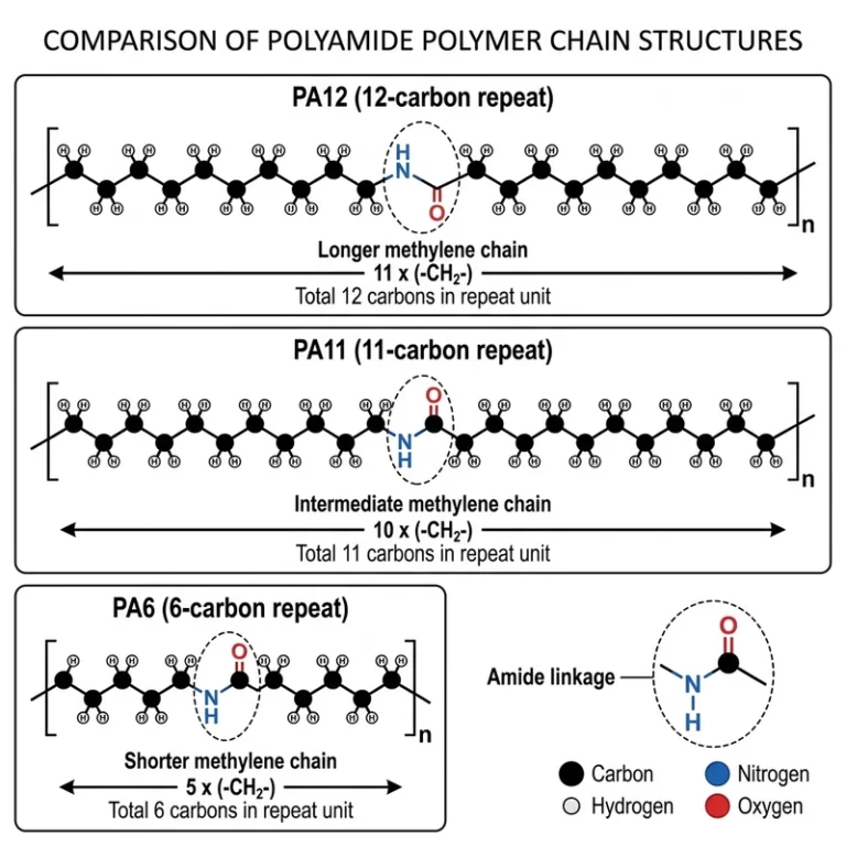 PA12 material molecular chain structure diagram comparing PA12 12-carbon repeat unit with PA6 and PA11