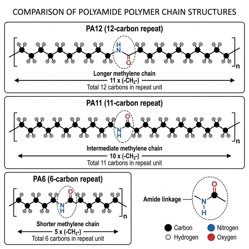 PA12 material molecular chain structure diagram comparing PA12 12-carbon repeat unit with PA6 and PA11