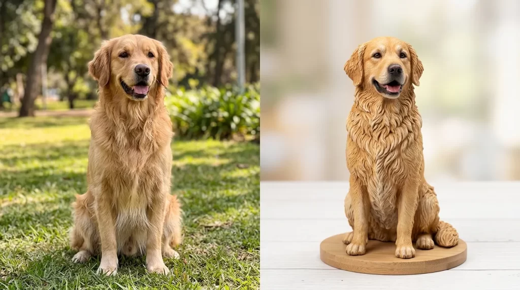 Custom 3D printed pet figurines before and after comparison showing real pet photo transformed into lifelike 3D printed model from custom 3D printing service