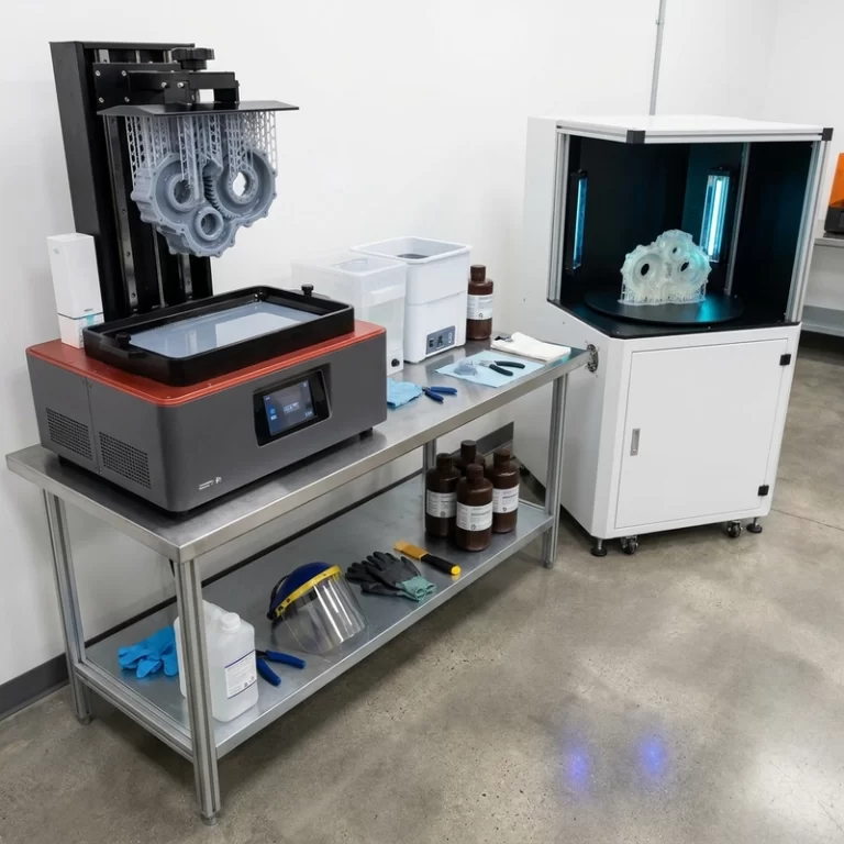 SLA resin 3D printing process showing printed prototype, supports and UV curing