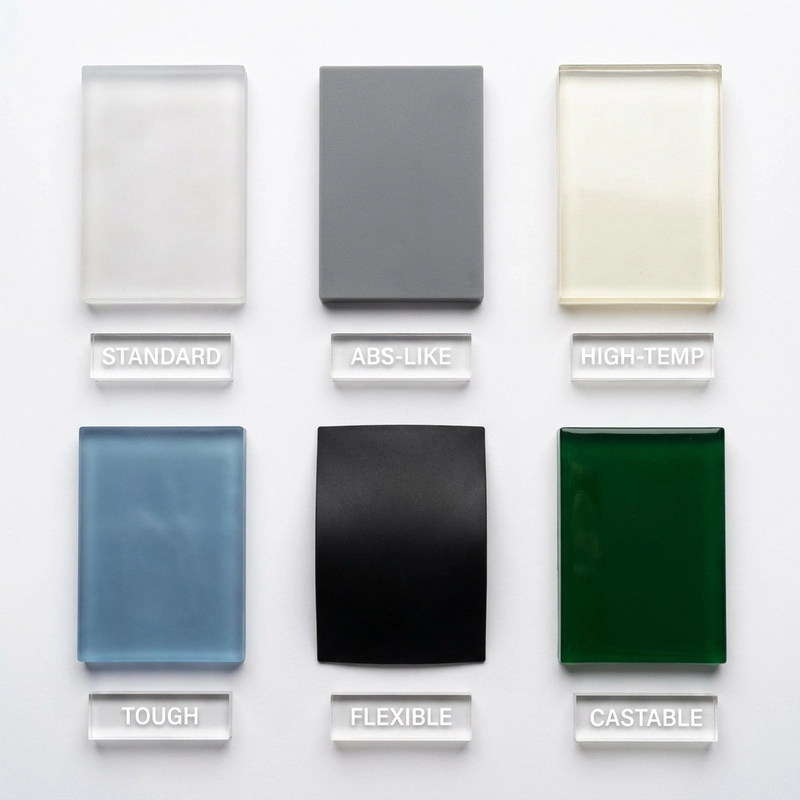 SLA Resin Materials Comparison Guide – six resin sample tiles labeled by type