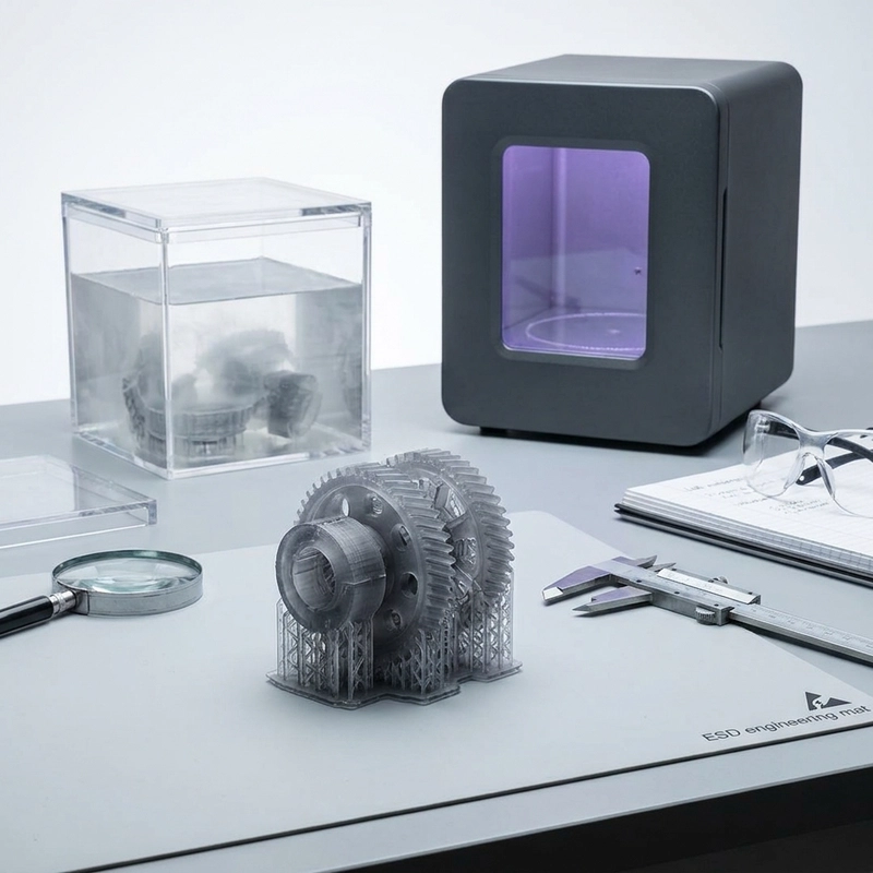 SLA resin sticky surface cleaning and UV post-curing troubleshooting workflow for industrial prototyping
