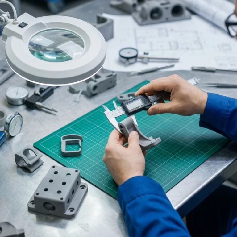 SLS nylon dimensional accuracy inspection with calipers and printed PA12 parts