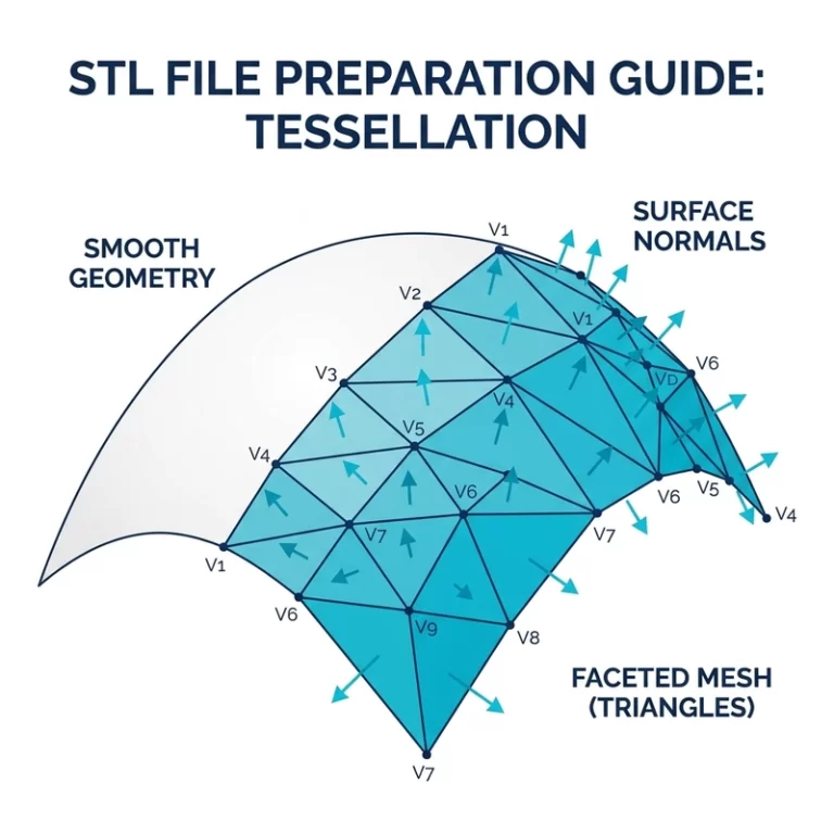 STL file preparation guide diagram showing triangular mesh surface with vertices and normal vectors