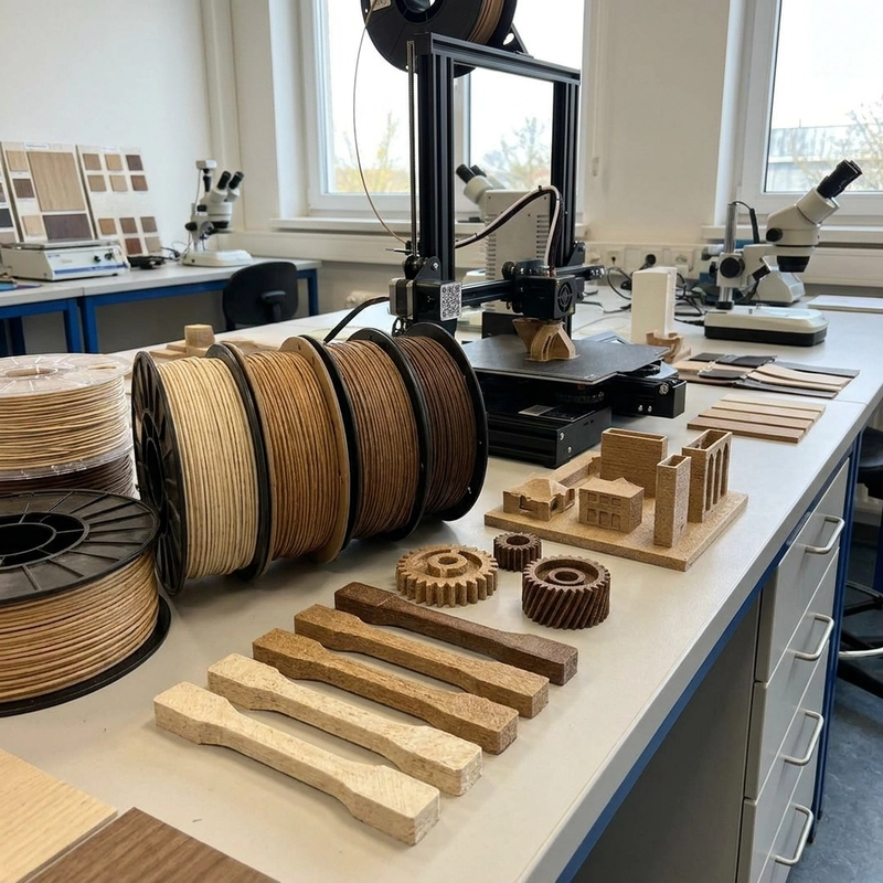wood-filled 3D printing materials showing wood fiber composite filament and printed samples