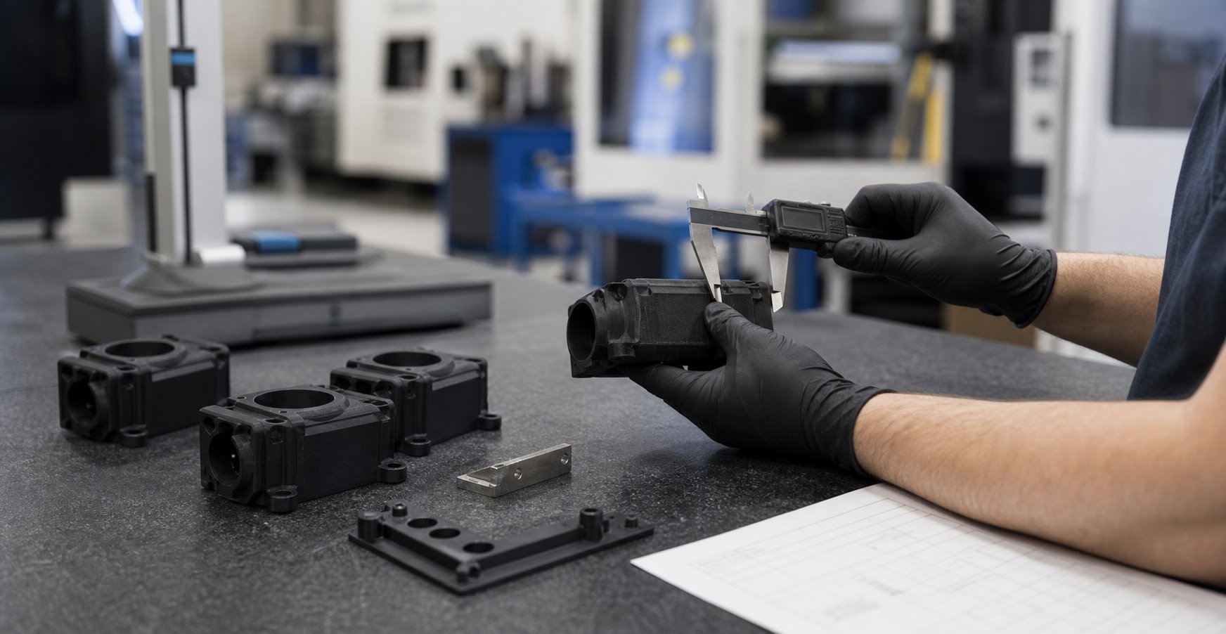 Dimensional inspection of a PA12 nylon 3D printed housing with a digital caliper