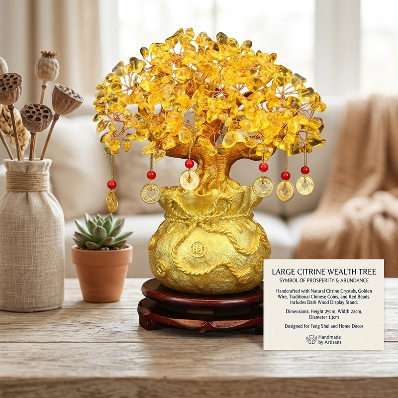 Citrine Money Tree Feng Shui Desk Decor - citrine crystal leaves close up detail