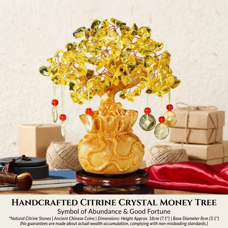 Citrine Money Tree Feng Shui Desk Decor - dark wood display stand full view
