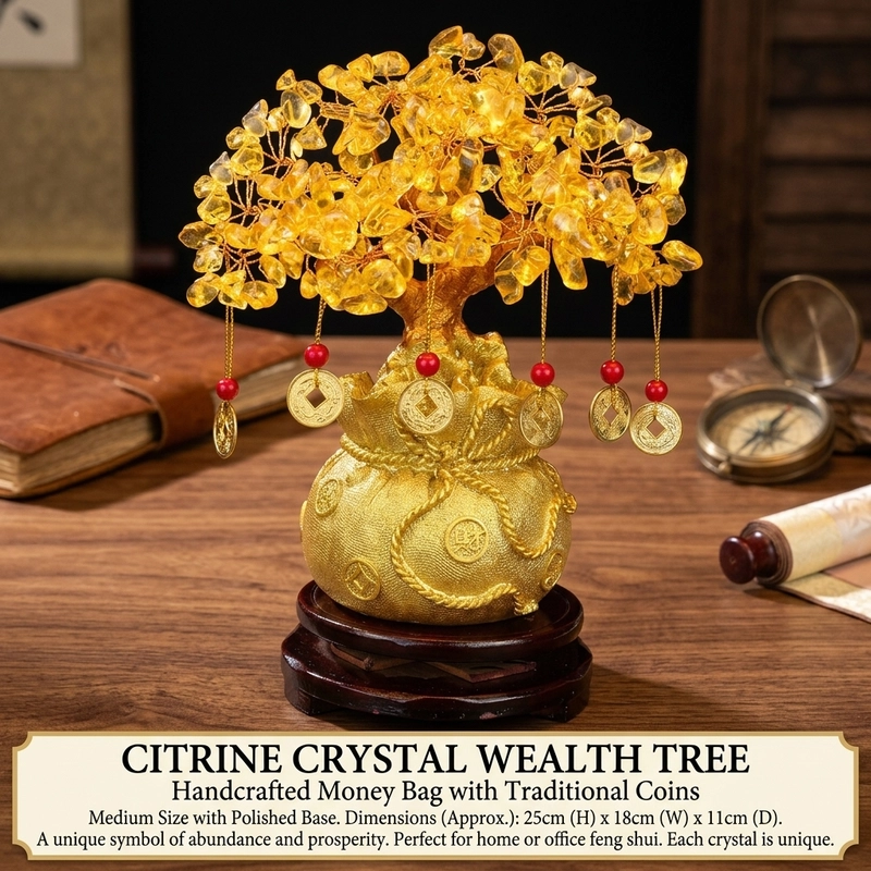 Citrine Money Tree Feng Shui Desk Decor - golden treasure bag pot wealth character