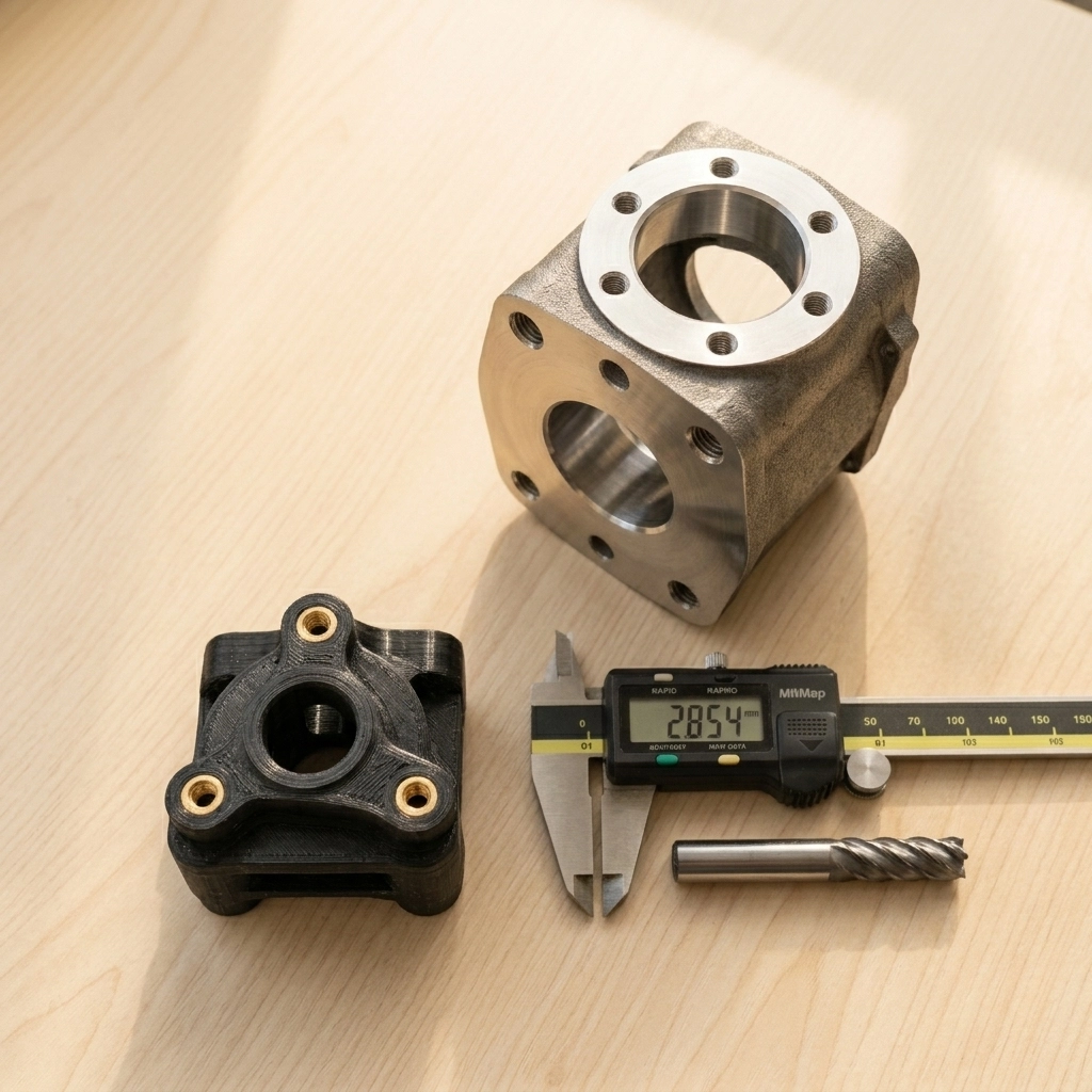 CNC and 3D Printing Hybrid Service machined printed parts - flat lay