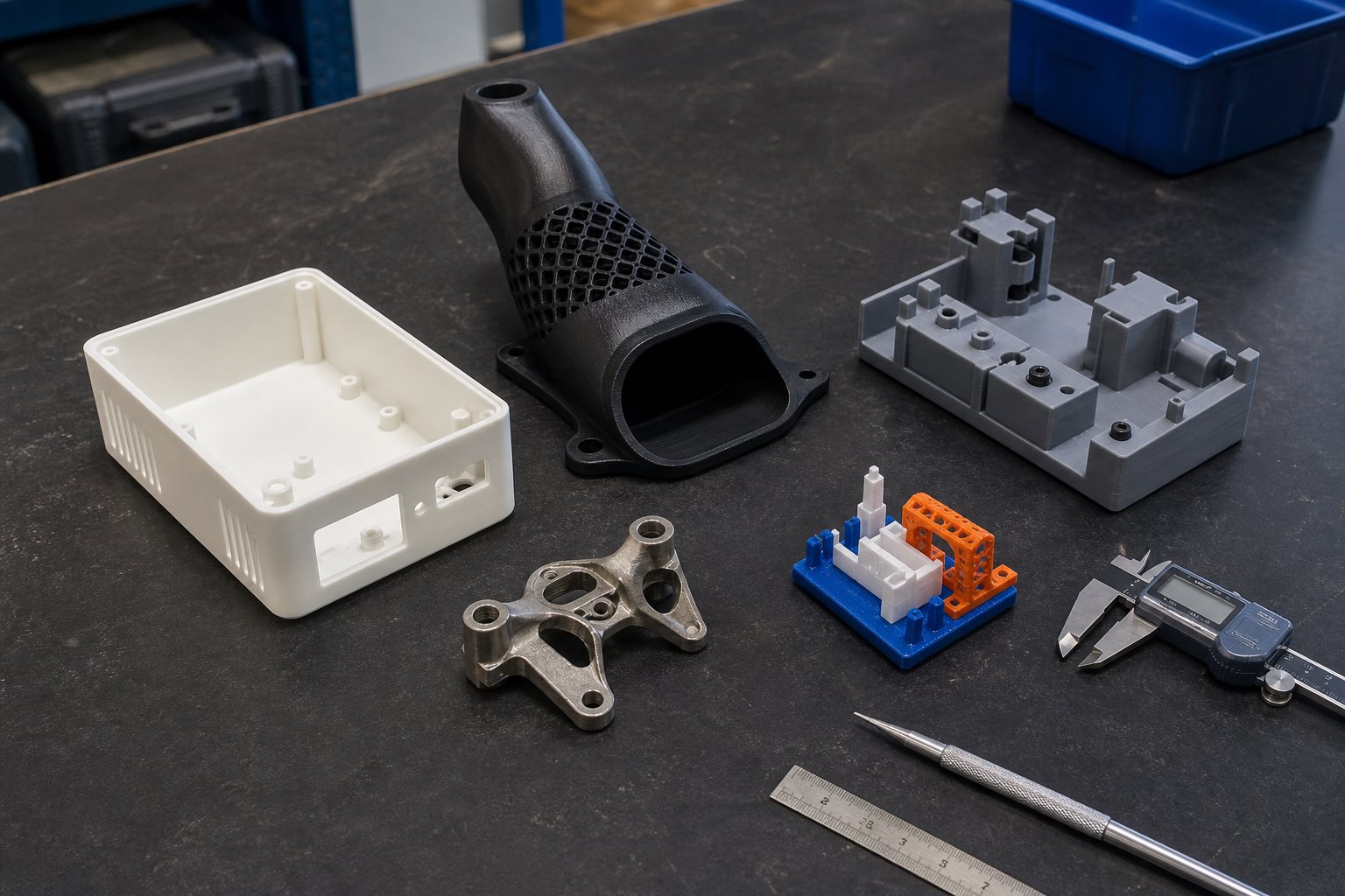 Custom 3D printing service process samples for a 3D printing RFQ checklist, including resin, nylon, FDM and metal parts