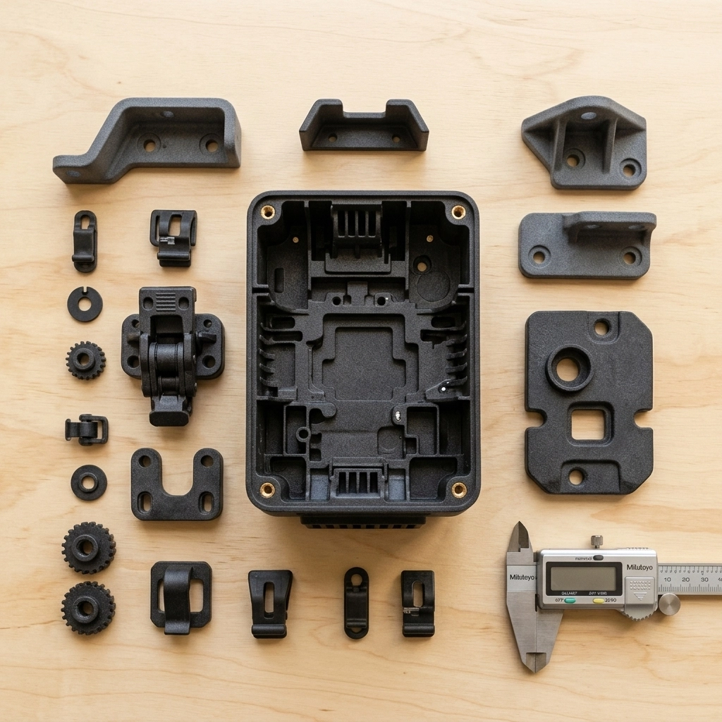 MJF Nylon 3D Printing Service functional PA12 parts - flat lay