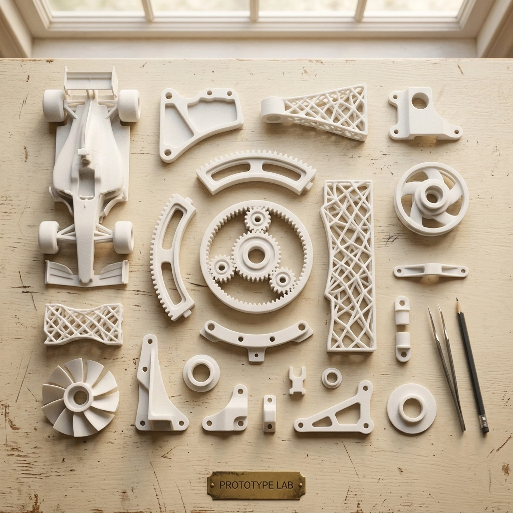 SLS Nylon 3D Printing Service support-free nylon parts - flat lay
