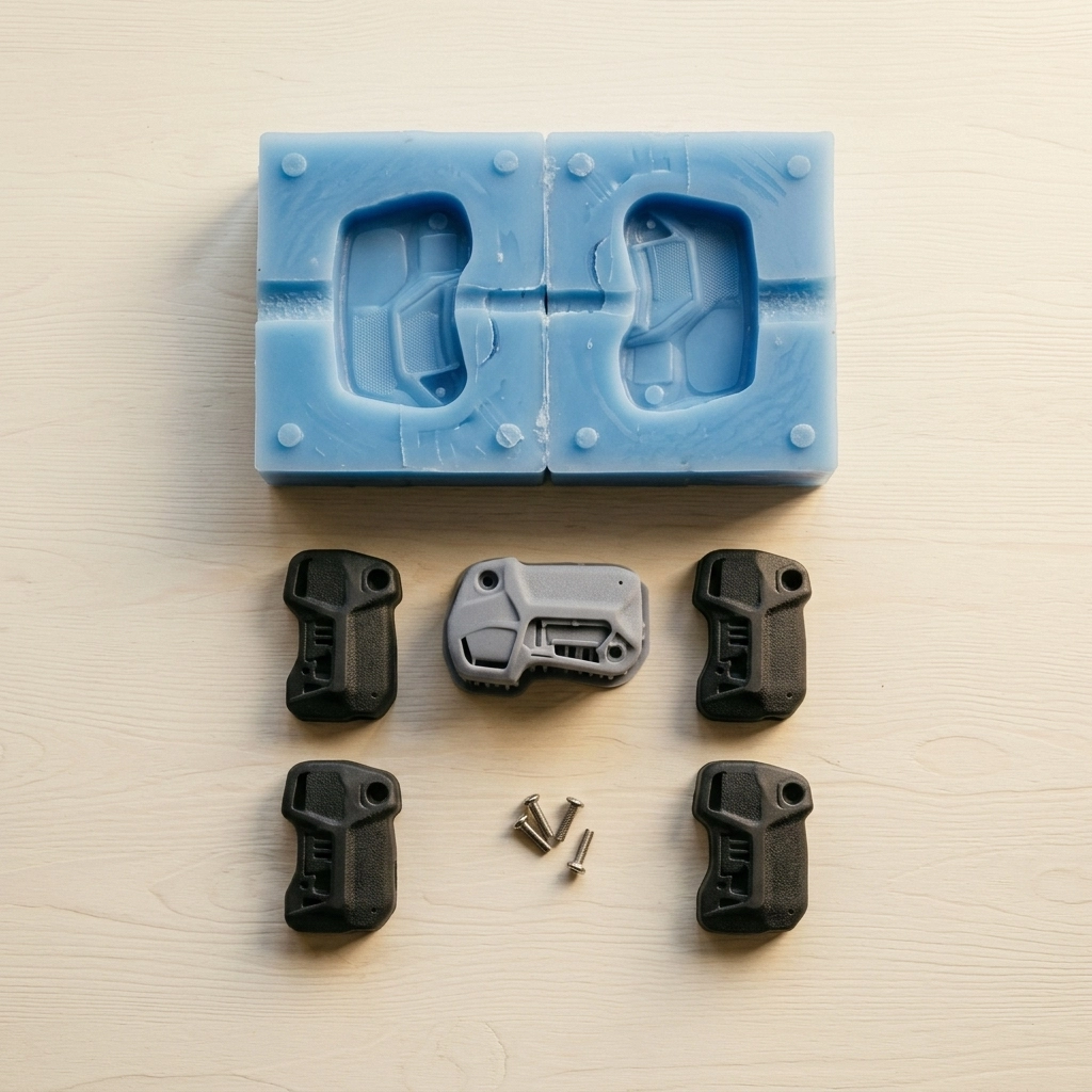 Vacuum Casting Small Batch Plastic Parts silicone mold and samples - flat lay