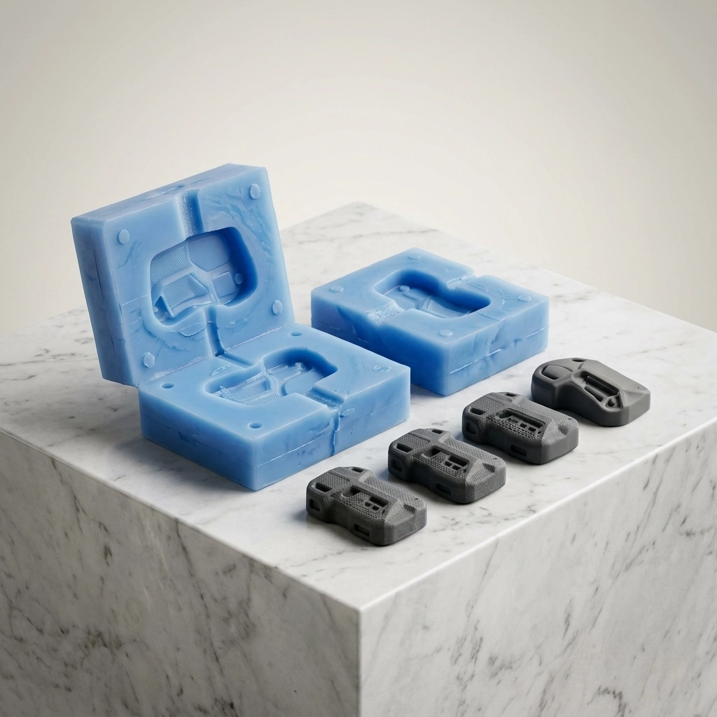 Vacuum Casting Small Batch Plastic Parts silicone mold and samples - side view