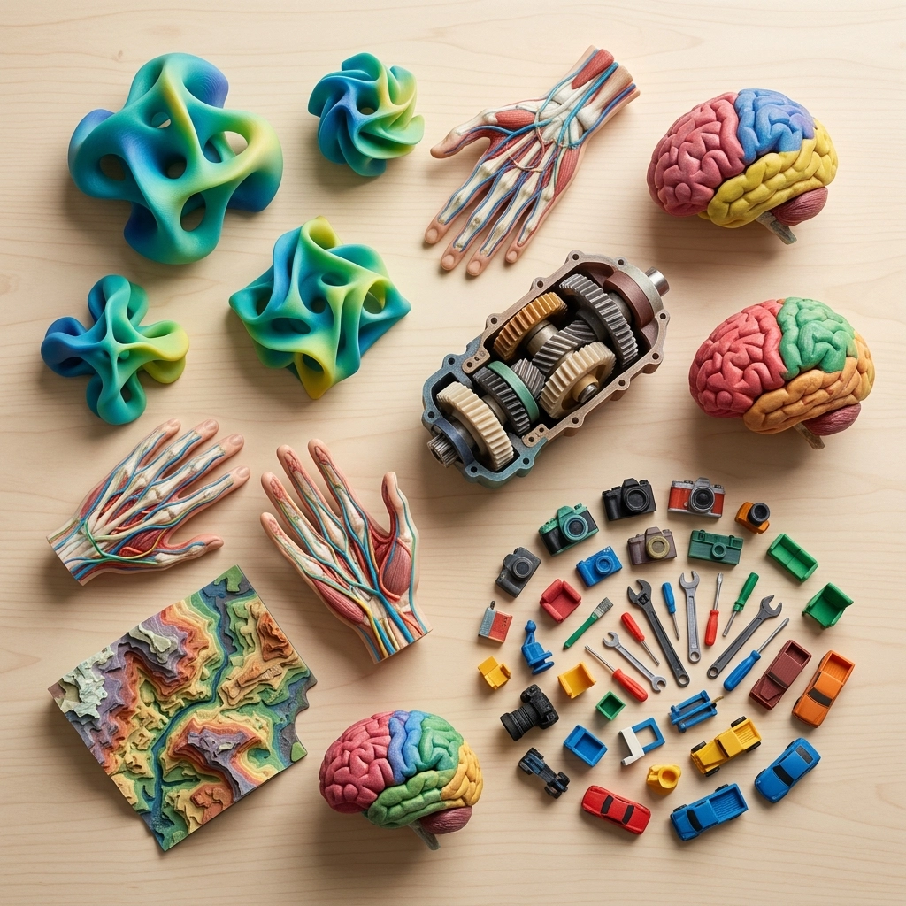 WJP Full Color 3D Printing Service color model samples - flat lay
